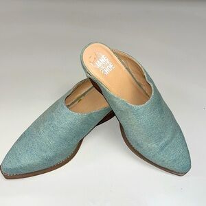 Jane and the Shoe light blue denim pointed toe mules, low wooden heel size 8